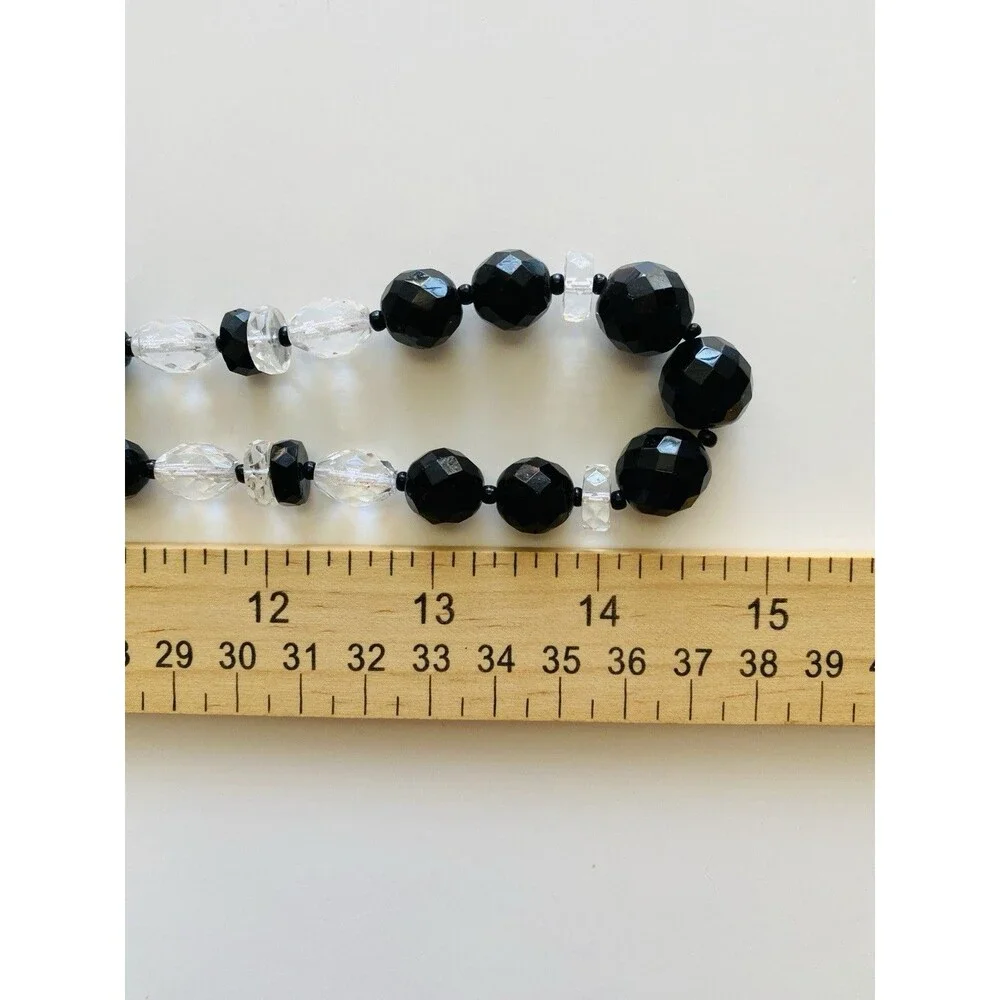 VTG  Estate French Jet & Cut Glass Bead Necklace 30 Inch Black & Clear Faceted